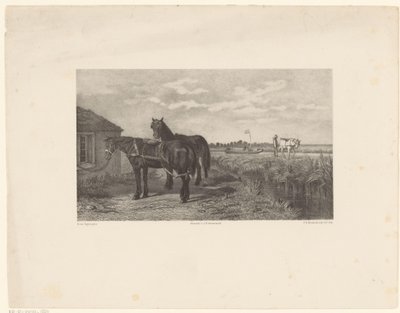 納屋の前の 2 頭の馬 作： Frederik Hendrik Weissenbruch