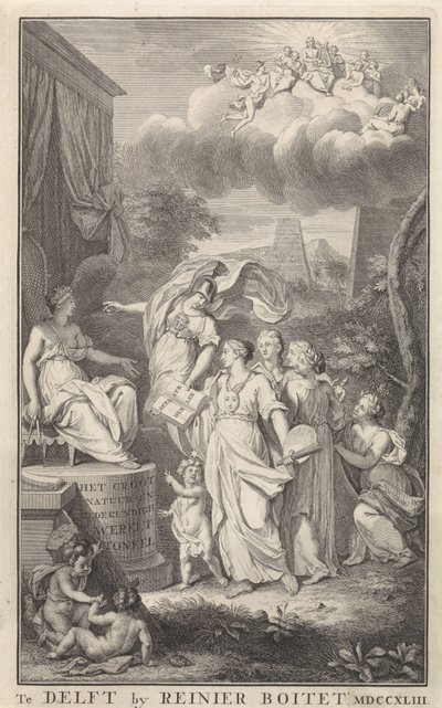 即位する人物のためのミネルバと芸術 タイトル ページ: Het Groot Natuur-en Zedekundigh Wereldtoneel、Delft、R. Boitet、1743 年 作： Frederik Ottens