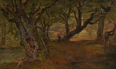1830 年代半ば、Sjaeeland、Bregentved の森の眺め。 作： Frederik Sødring