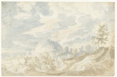 谷（ドナウ川？）と教会の塔を望む山の風景 作： Frederik van Valckenborch