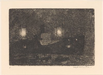 夜の岸壁でのボート 作： Frederika Henriëtte Broeksmit (signed by artist)