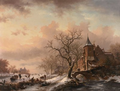 冬景色の中の城と凍った川の上のスケーターたち 作： Fredrik Marinus Kruseman