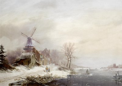 オランダ語：集落、風車、人物のある冬景色 集落、風車、人物のある冬景色 作： Fredrik Marinus Kruseman