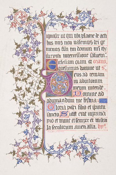 イニシャル E recto の照らされた葉、Vine Border verso、1830-62。 作： Freeman Gage Delamotte