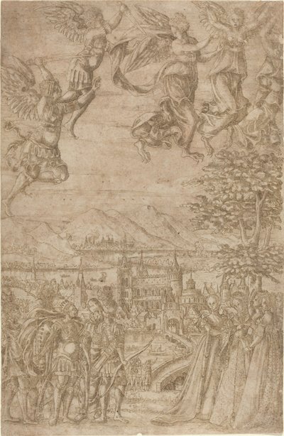 天上の戦いで女性と対峙する王と従者 作： French 17th Century