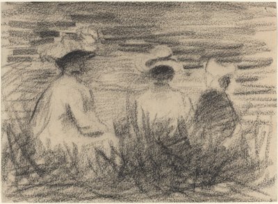 後ろから見た牧草地に座っている 3 人の人物 作： French 19th or 20th Century
