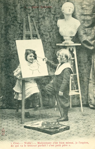 絵画の子供、キャンバスを頭の女の子 作： French Photographer