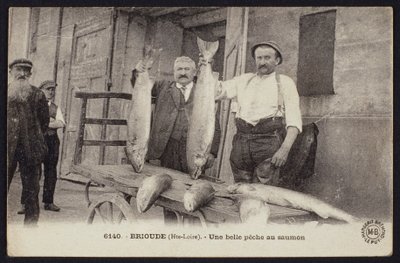 1900年頃、オートロワールのブリウードで鮭の漁獲量を描いた絵葉書 作： French Photographer