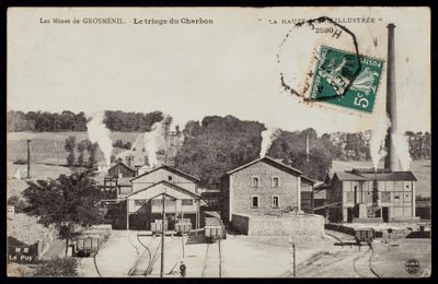 グロスメニルの炭鉱を描いた絵葉書、石炭の選別、オートロワール、1900年頃 作： French Photographer