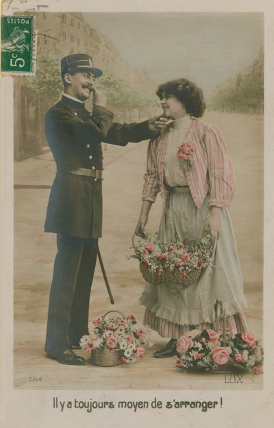1913年に送信されたフラワーガールとフランスの警官のポストカード（手描きの写真） 作： French Photographer