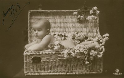 1913年1月に送付された、花が付いた籐のバスケットに入った赤ちゃんのはがき 作： French Photographer