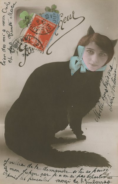 1913年に送られた、女性の顔をした猫のはがき 作： French Photographer