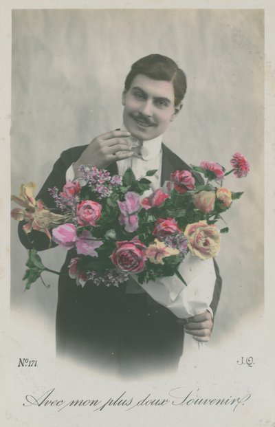 1913年に送付された花束を持った男のポストカード（手描きの写真） 作： French Photographer