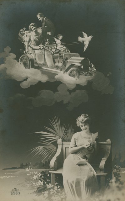 1913年に送られた、手紙を読んで結婚について空想にふける若い女性のポストカード 作： French Photographer