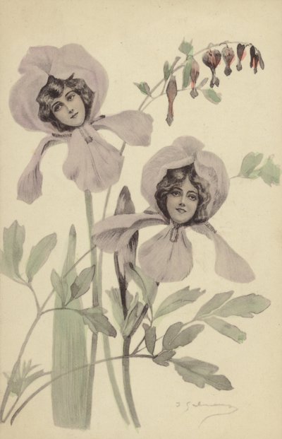 若い女性の顔を含む2つのアイリスの花（コラージュ） 作： French Photographer