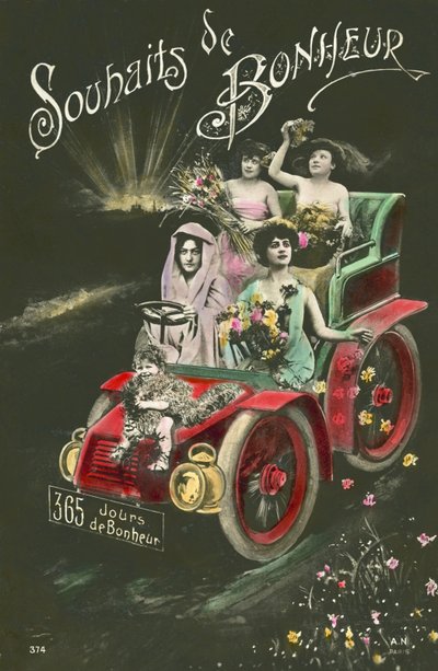モーターカーから花を投げる女性たち（カラー写真 作： French Photographer