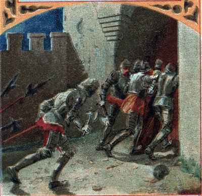 100年戦争：ブルゴーニュ軍が裏切りによりピエールフォン城を占拠（14世紀）。19世紀末のクロモリ写真 作： French School