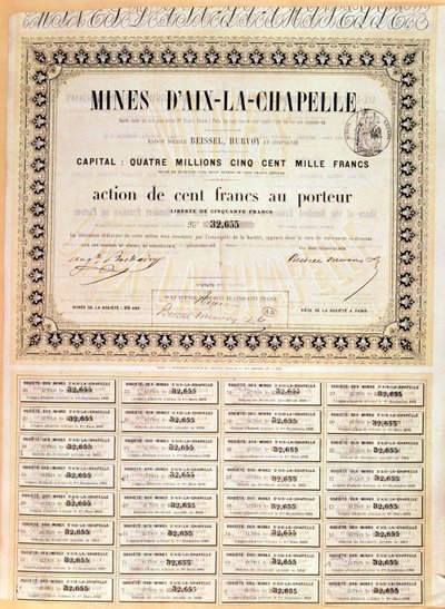 1856年のアーヘン鉱山のベアラー株100フラン 作： French School