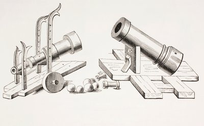 15世紀の大砲。固定式の砲車（右）とローリング式の砲車（左）が付いており、1873年に公開されたLes Arts au Moyen時代のものです。 作： French School
