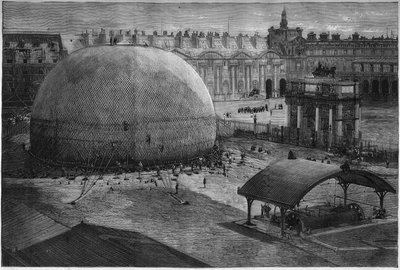 1878年のパリ万国博覧会：アンリ・ジファールが捕らえた気球の膨らみがチュイルリー宮殿の中庭に落ち着く。1878年7月20日付「Le Monde Illustré」1112号に掲載された図版。 作： French School