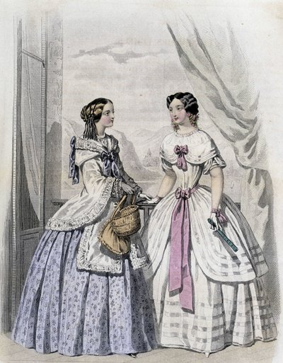 2人のファッショナブルな女性-「Journal des Demoiselles」1852年に掲載。 作： French School