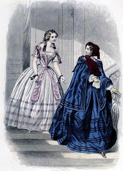 2人のファッショナブルな女性-「Journal des Demoiselles」1852年に掲載。 作： French School