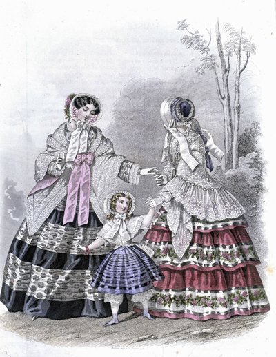 2人のファッショナブルな女性と1人の少女の散歩 - "Journal des Demoiselles" 1852年に掲載。 作： French School