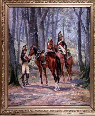 偵察に行った第8ドラゴンズの2人の騎手 絵画 65×58cm 油彩・キャンバス 19世紀末の軍人画家ドゥ・ヴィルヌーブの作品です。 作： French School