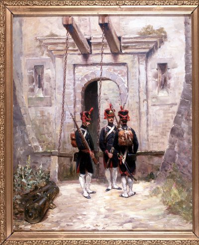 変換する3人の砲手、絵画 65 x 58 cm、油彩・キャンバス、De Villeneuve（19世紀後半の軍人画家）によるもの。 作： French School