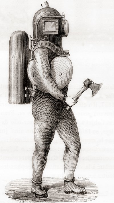 1870年頃に出版された「Les Merveilles de la Science」に掲載された19世紀アメリカの深海潜水服（彫刻 作： French School