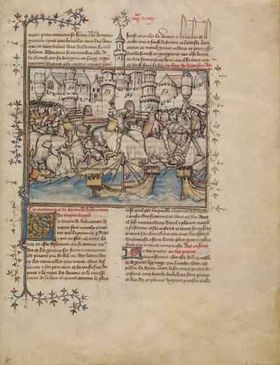 トロイア戦争の戦い」1390-1400年頃（羊皮紙にテンペラ、ウォッシュ、金箔 作： French School