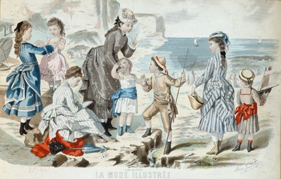 ノルマンディーのビーチ、1875年（カラー彫刻） 作： French School