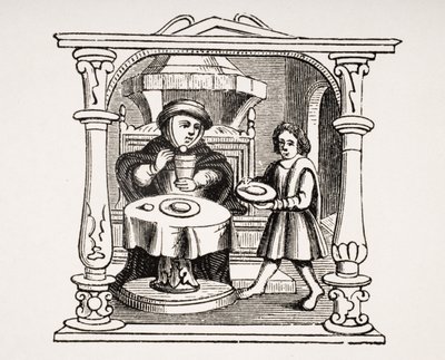 16世紀の写本での挿絵の後、ルモヤンエイジエルラルネッサンスのポールラクロワ（1806-84）によって1847年に出版された、彼の食事を食べるバージェス 作： French School