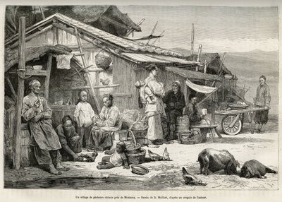 カリフォルニア州モントレーの近くにある中国の漁村は、アメリカの太平洋岸に設立された重要な中国人コミュニティを証明している。ウィリアム・ヘップワースによる「La conquete blanche」の物語を説明するための、D.Maillardの図面に基づくエングレーヴィング。 作： French School
