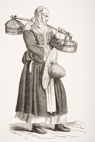 ポールラクロワ（1806-84）の「ルモヤンエイジエラルネッサンス」からのチェザーレヴェチェッリオ（1521-1601）による16世紀の木版画の後、1847年に出版された卵のディーラー 作： French School