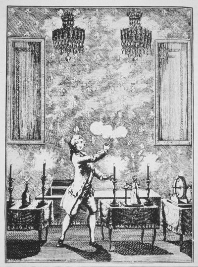19世紀後半に出版された「歴史の魔法」に示されている、1659年のデクレムによるラマギーブランシュの被爆者からの手品のデモンストレーション 作： French School