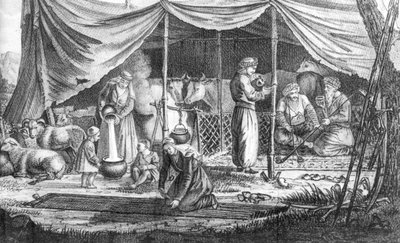 Gaspard DrouvilleによるVoyage en Perse出身のクルド遊牧民の家族、1825年発行 作： French School