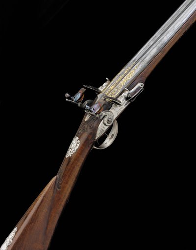 ファインアンドレアの20口径シルバーマウントフレンチDBフリントロック式スポーツガン、c.1725 作： French School