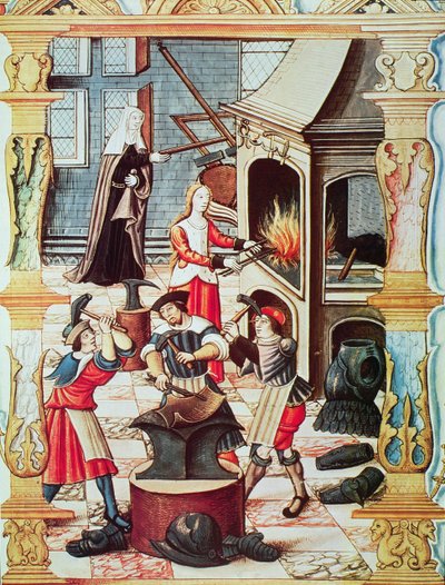 16 世紀のフランスの鍛冶屋、「Chants royaux sur la Conception Couronnee du Puy de Rouen」の細密画の複製 (カラー リソ) 作： French School