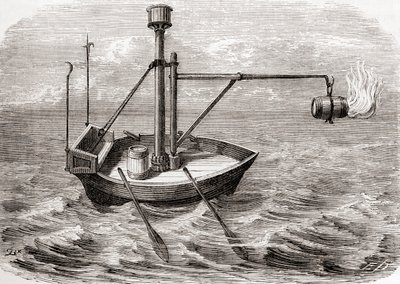 13世紀のラテン語の写本に描かれたギリシャの火の船（1870年頃出版の「Les Merveilles de la Science」より）（エングレーヴィング 作： French School