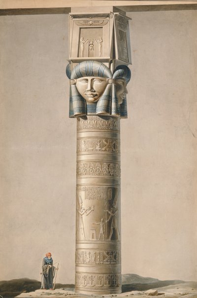 デンダラでハトホルに向かった柱、イラストエドモンドフランソワジョマールによるエジプトの説明（1777-1862）1809-22（紙にトイレ）を公開 作： French School