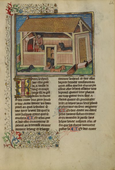 Kenneled Dogsに参加するハンター、c.1430-40（テンペラ、金、銀のペンキ、羊皮紙の葉） 作： French School