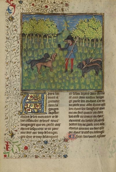 ホーンの呼び声に対応するために犬を訓練するハンター、c.1430-40（テンペラ、金と銀の絵の具、羊皮紙の金箔） 作： French School