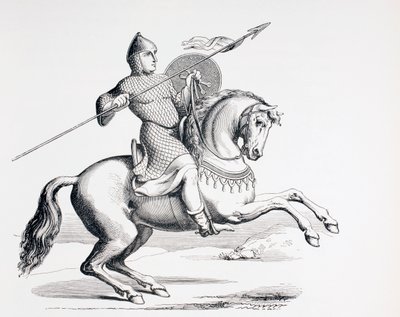 1873年、槍と盾を携えた鎖郵便と兜を身にまとったノーマン騎士 作： French School