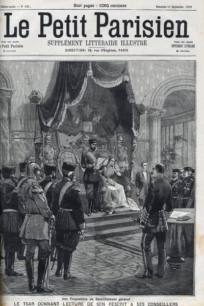 欧州列強への軍縮提案 - 顧問に原稿を読み上げる皇帝ニコライ2世（1868-1918）。ル・プチ・パリジャン 作： French School