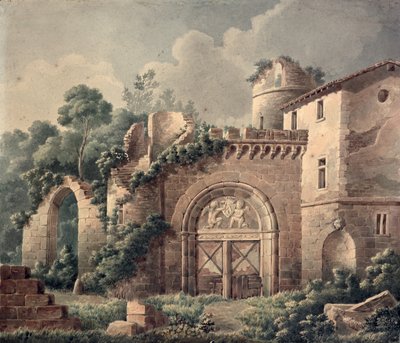 廃墟の城、1820年頃（紙にトイレ） 作： French School