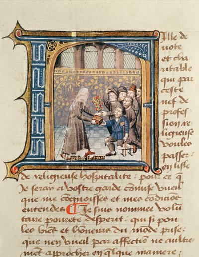 患者からの贈り物を受け取った姉妹、ジャン・ヘンリー著、Le Livre de Vie Active de l&39;Hotel Dieu de Paris、c.1482 作： French School