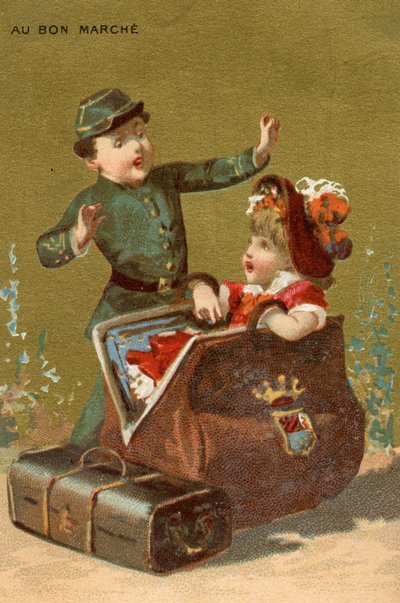 1890年頃、パリのボンマルシェ百貨店のプロモーションカードとして制作された、子供たちの一連のイラストからの荷物の中のサプライズ 作： French School