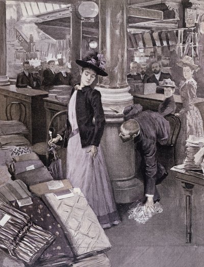 パリのデパートにいる泥棒、パラディデダムのイラスト、1895年頃 作： French School