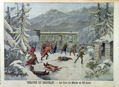 1898年5月13日、ルプティジャーナルからのジュールヴェルヌ（1828〜1905）による、80日間で世界中からのアメリカインディアンに襲われた列車 作： French School